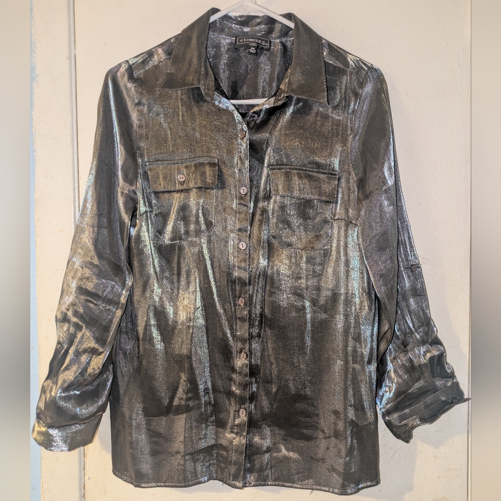 Elementz Shimmering Silver Button-Up Blouse